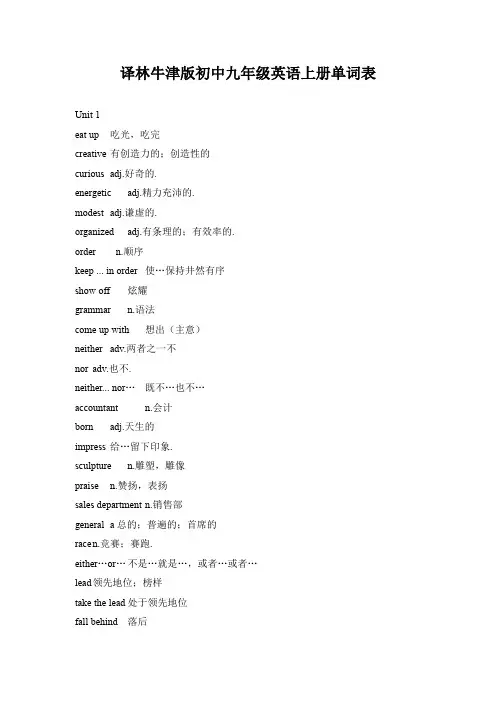 译林牛津版九年级英语上册单词表
