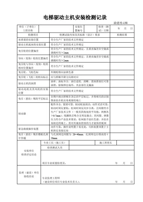 渝建竣138 电梯驱动主机安装检测记录