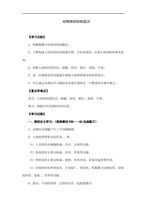 人教版七年级上册生物《动物体的结构层次》教学设计