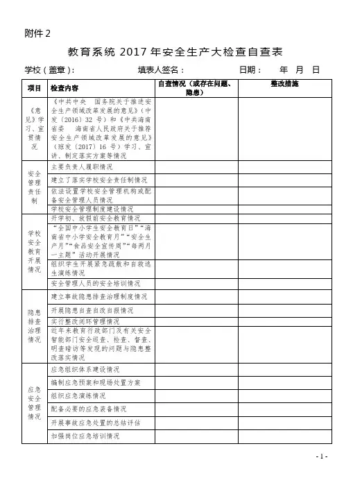 教育系统2017年安全生产大检查自查表
