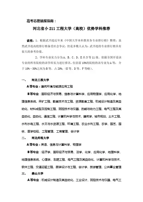 高考志愿填报指南：河北省小211工程大学(高校)本科优势学科专业推荐