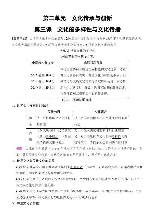 2019版高考政治一轮复习人教版：必修3第2单元第3课文化的多样性与文化传播含解析