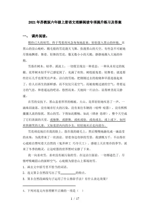 2021年苏教版六年级上册语文理解阅读专项提升练习及答案