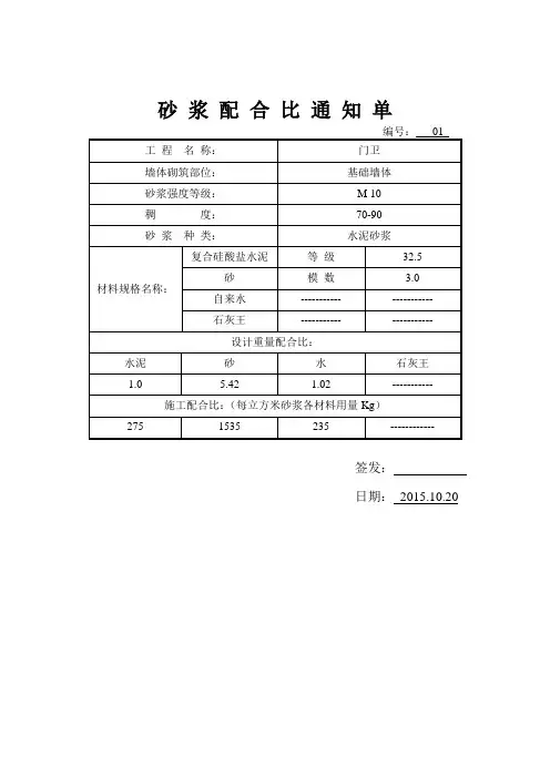 砂浆配合比通知单(M7.5)