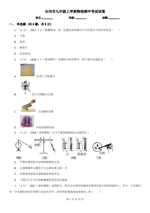台州市九年级上学期物理期中考试试卷