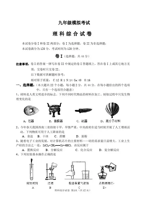 中考模拟考试理科综合试卷