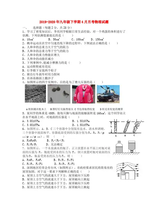 2019-2020年九年级下学期4月月考物理试题