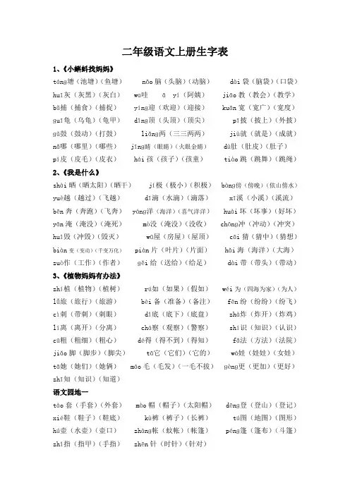 部编版人教版二年级语文上册生字表