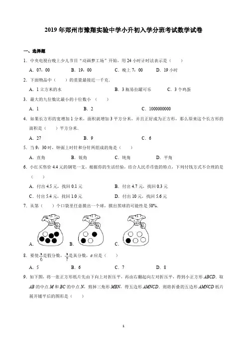 2019年郑州市豫翔实验中学小升初入学分班考试数学试卷(含解析)印刷版