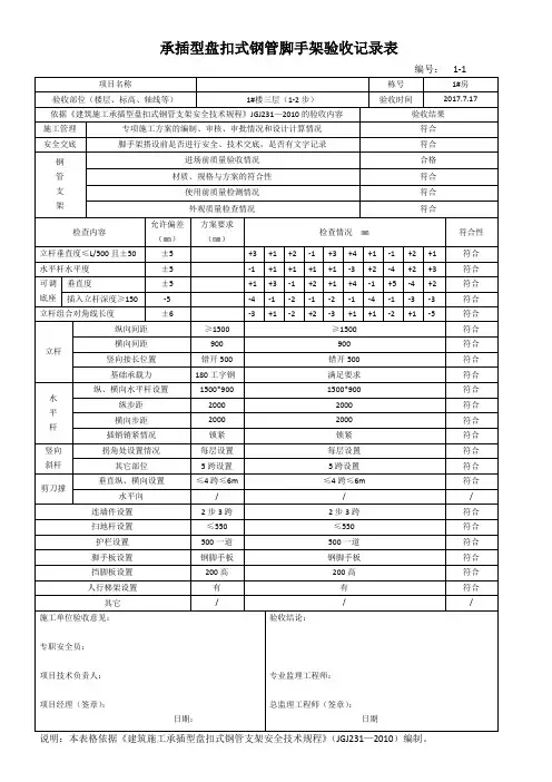 承插型盘扣式钢管脚手架验收记录表1-1