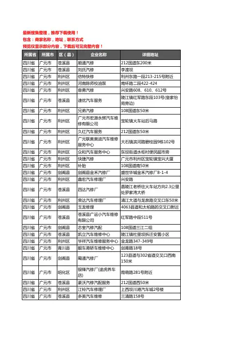 新版四川省广元市汽车维修企业公司商家户名录单联系方式地址大全434家