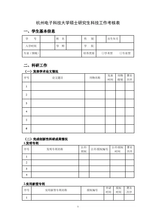 杭州电子科技大学硕士研究生科技工作考核表