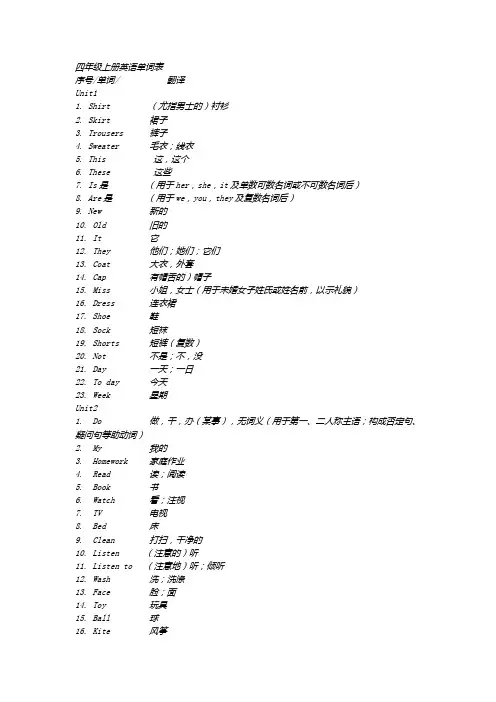 冀教版四年级上册英语单元单词表 2