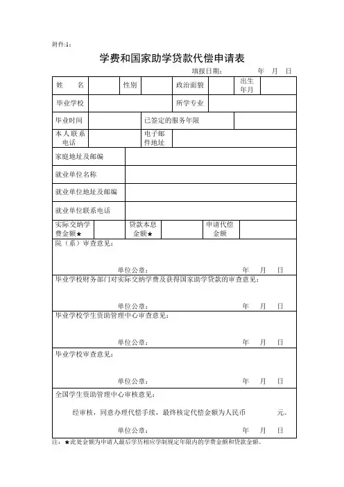 学费和国家助学贷款代偿申请表