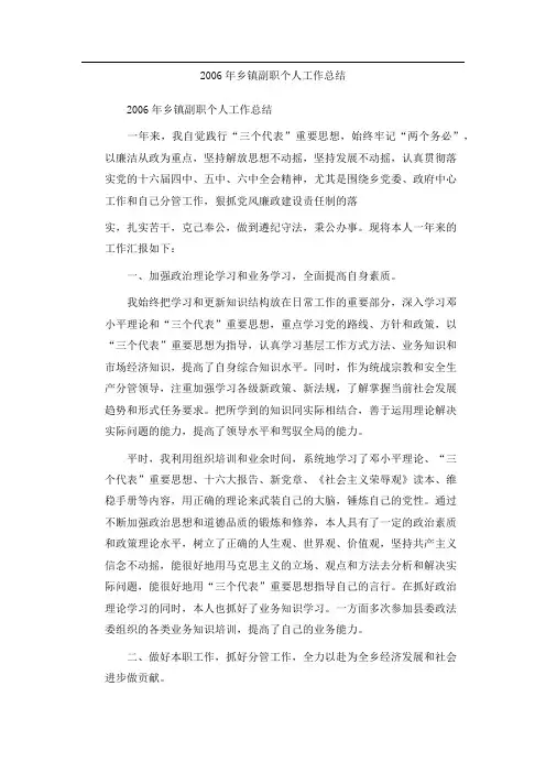 乡镇副职个人工作总结 2