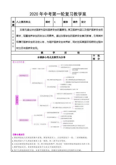 2020年中考道德和法治第一轮复习八上第四单元  维护国家利益  教学案