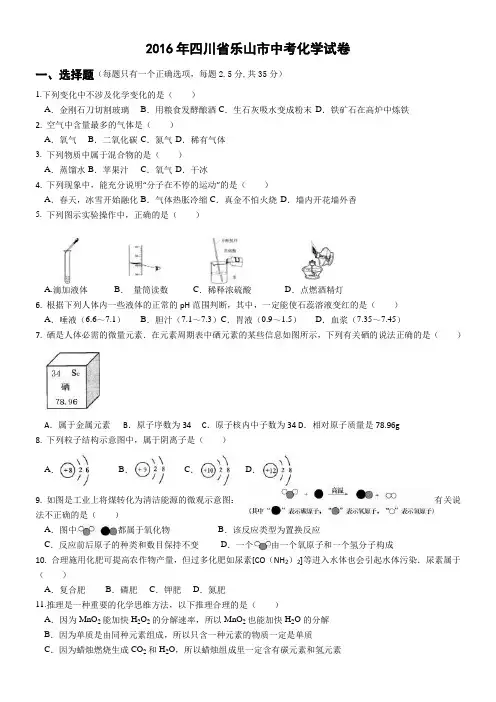 2016年乐山市中考化学试题