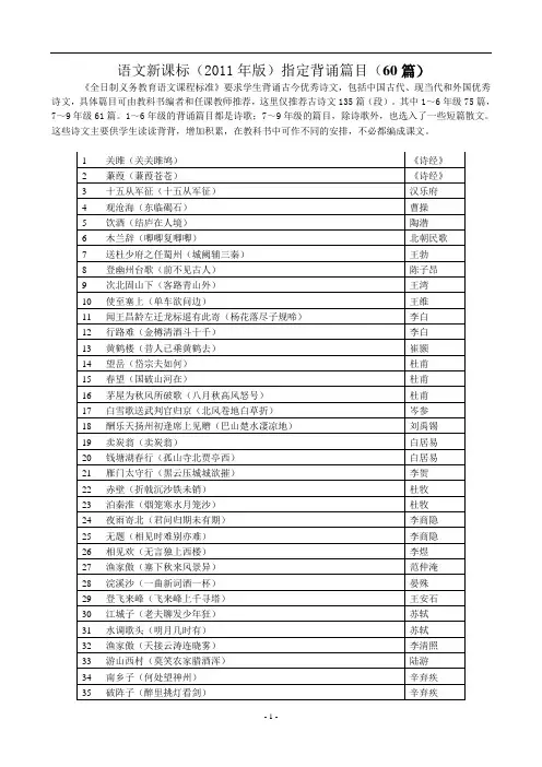 初中语文新课标(2011年版)指定背诵篇目(60篇)