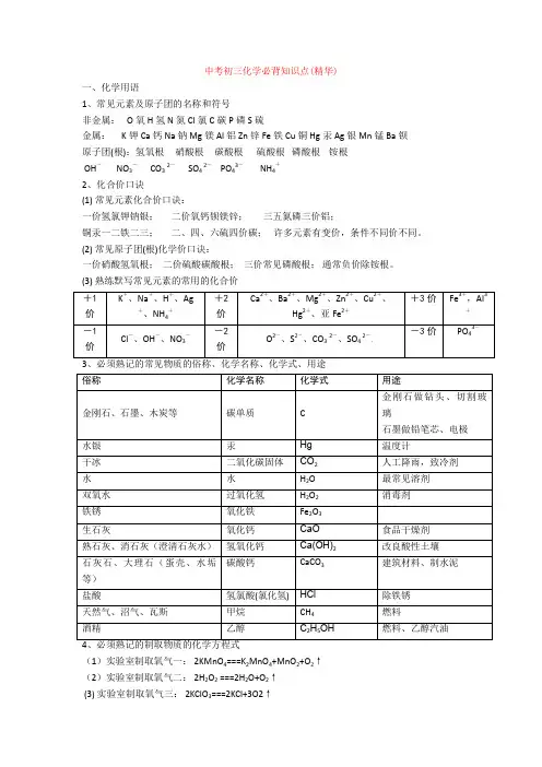 最新中考初三化学必背知识点(精华)