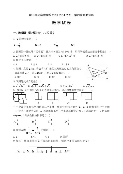 2013—2014年湖南省长沙市麓山国际实验学校初三第四次限时训练(第四次月考)数学试卷