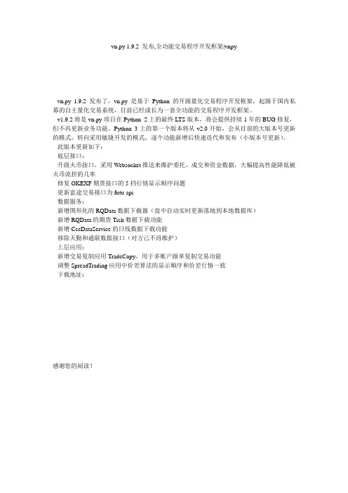 vn.py 1.9.2 发布,全功能交易程序开发框架-vnpy