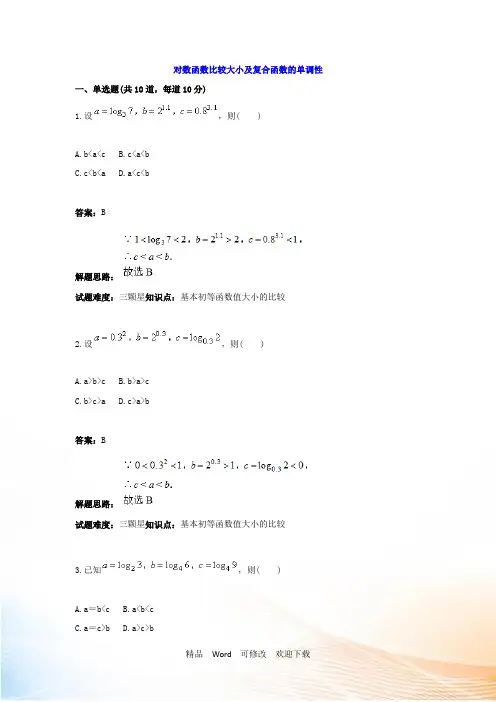 2021年人教A版高一数学必修1：第3章对数函数比较大小及复合函数的单调性 Word版含答案