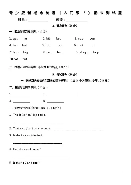 青少版新概念入门级A期末测试卷