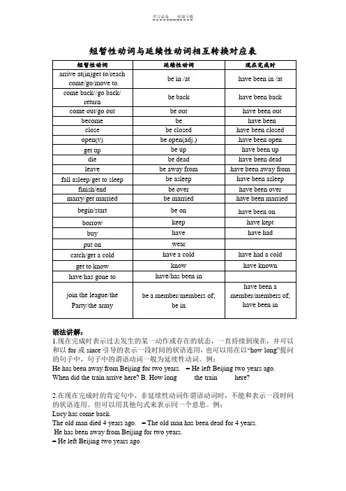 短暂性动词与延续性动词详解,转换表及练习