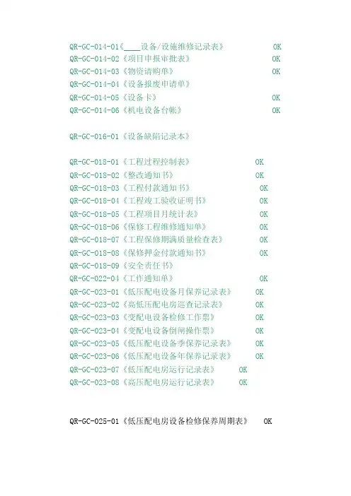 工程部表格清单