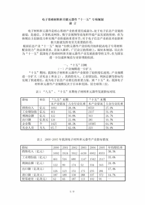 电子基础材料和关键元器件十一五专项规划