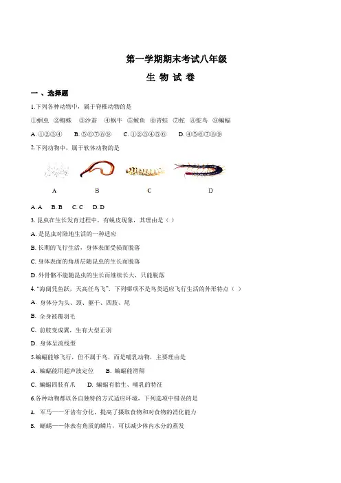 八年级上学期期末考试生物试题(附答案)112166