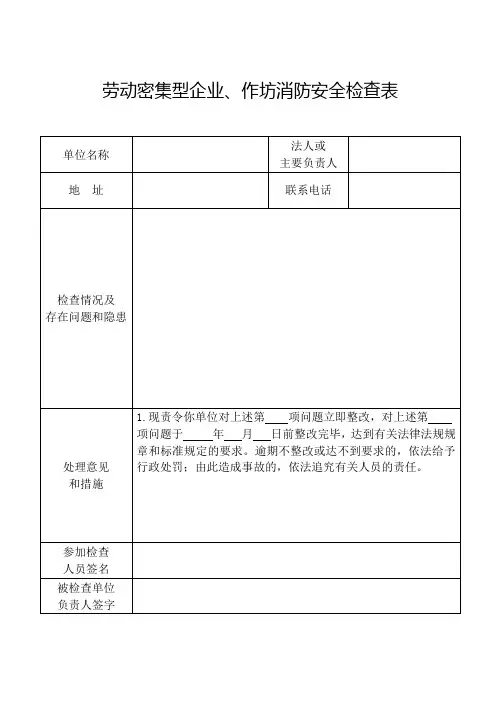 劳动密集型企业、作坊消防安全检查表