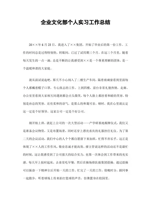 2019企业文化部个人实习工作总结精选
