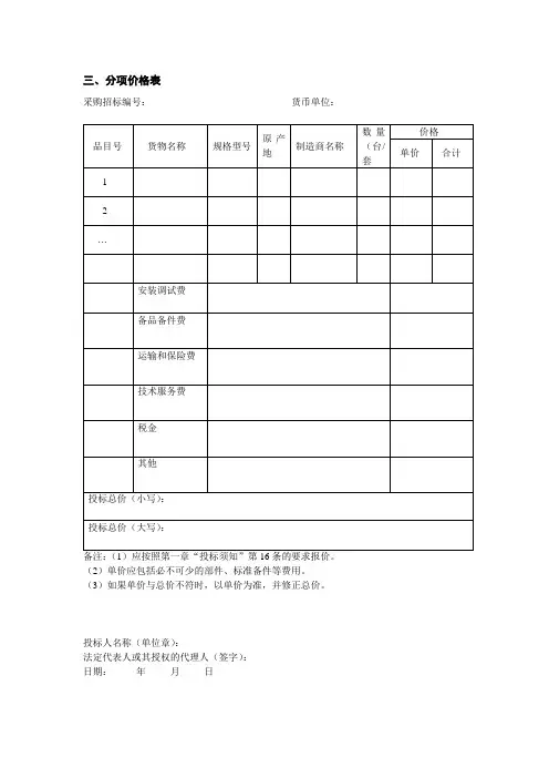 分项价格表