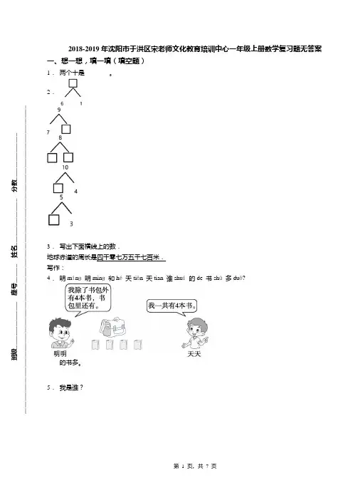 2018-2019年沈阳市于洪区宋老师文化教育培训中心一年级上册数学复习题无答案