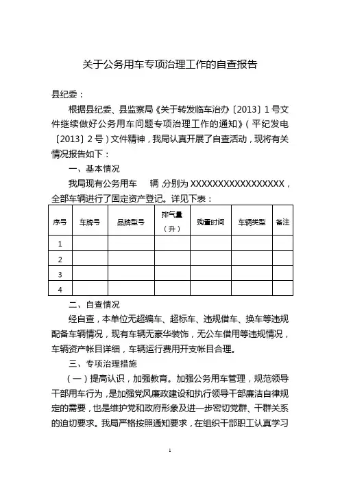 关于公务用车专项治理工作的自查报告 2