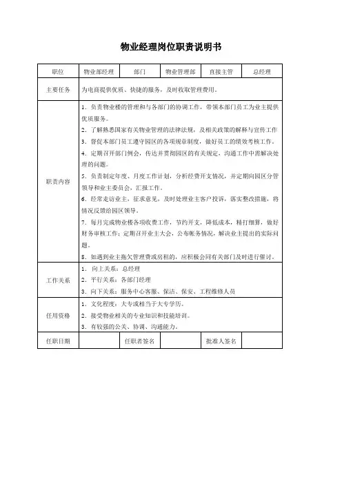 物业公司岗位职责说明书