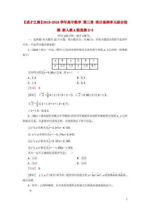 【成才之路】2015-2016学年高中数学 第三章 统计案例单元综合检测 新人教A版选修2-3