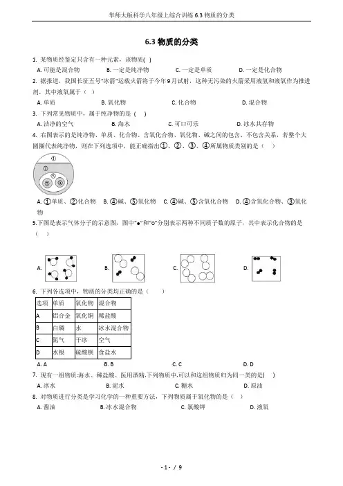 华师大版科学八年级上综合训练6.3物质的分类