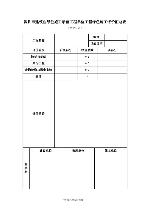023.3深圳市建筑业绿色施工示范工程单位工程绿色施工评价汇总表(企业自评)