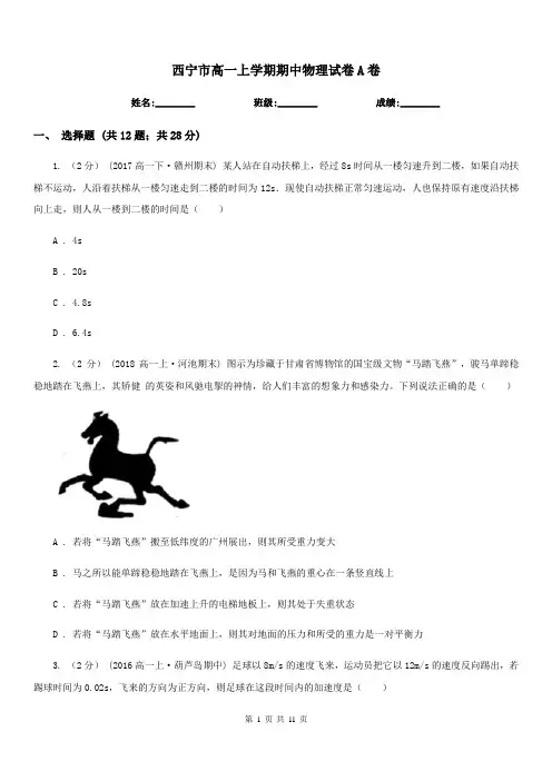 西宁市高一上学期期中物理试卷A卷