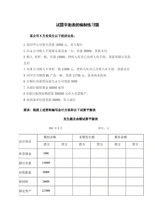 试算平衡表编制练习题