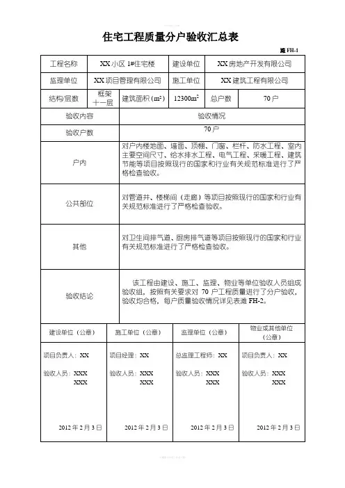 某某住宅工程质量分户验收表填写示例