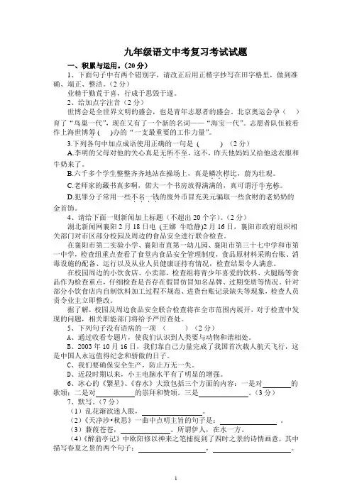 九年级语文中考复习考试试题