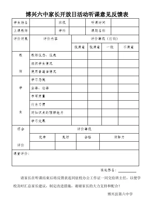 家长听课意见反馈表