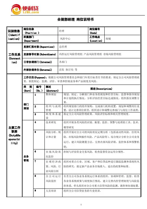 合规部总经理岗位说明书