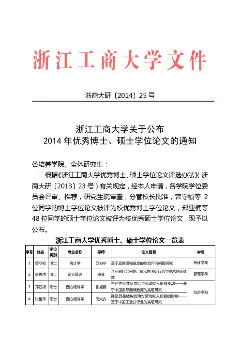 关于公布2014年优秀博士、硕士学位论文的通知-浙江工商大学研究生院