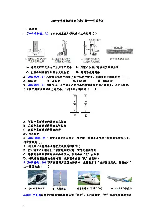 《中考精品》2019年中考物理真题分类汇编——压强专题(试题版)