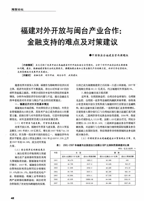 福建对外开放与闽台产业合作：金融支持的难点及对策建议