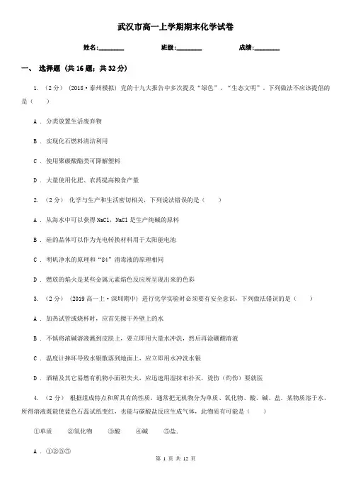 武汉市高一上学期期末化学试卷